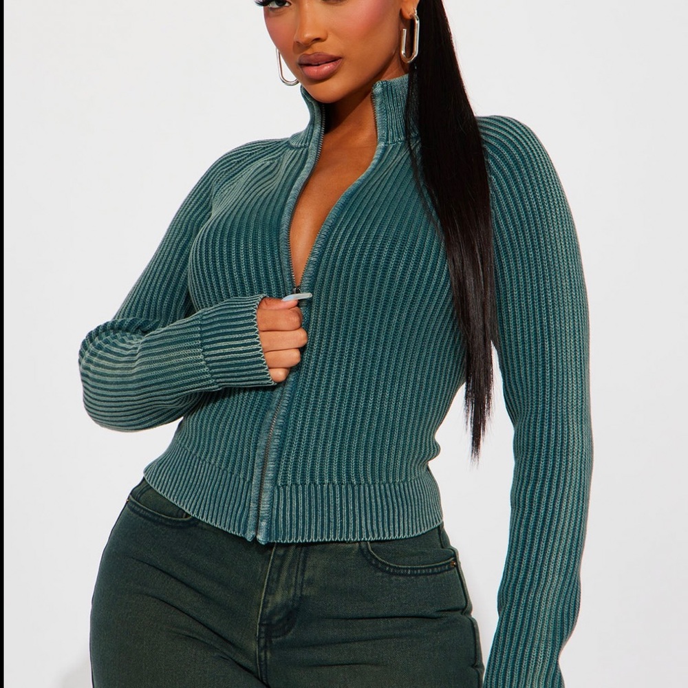 Teal Ribbed Zip-Up Sweater